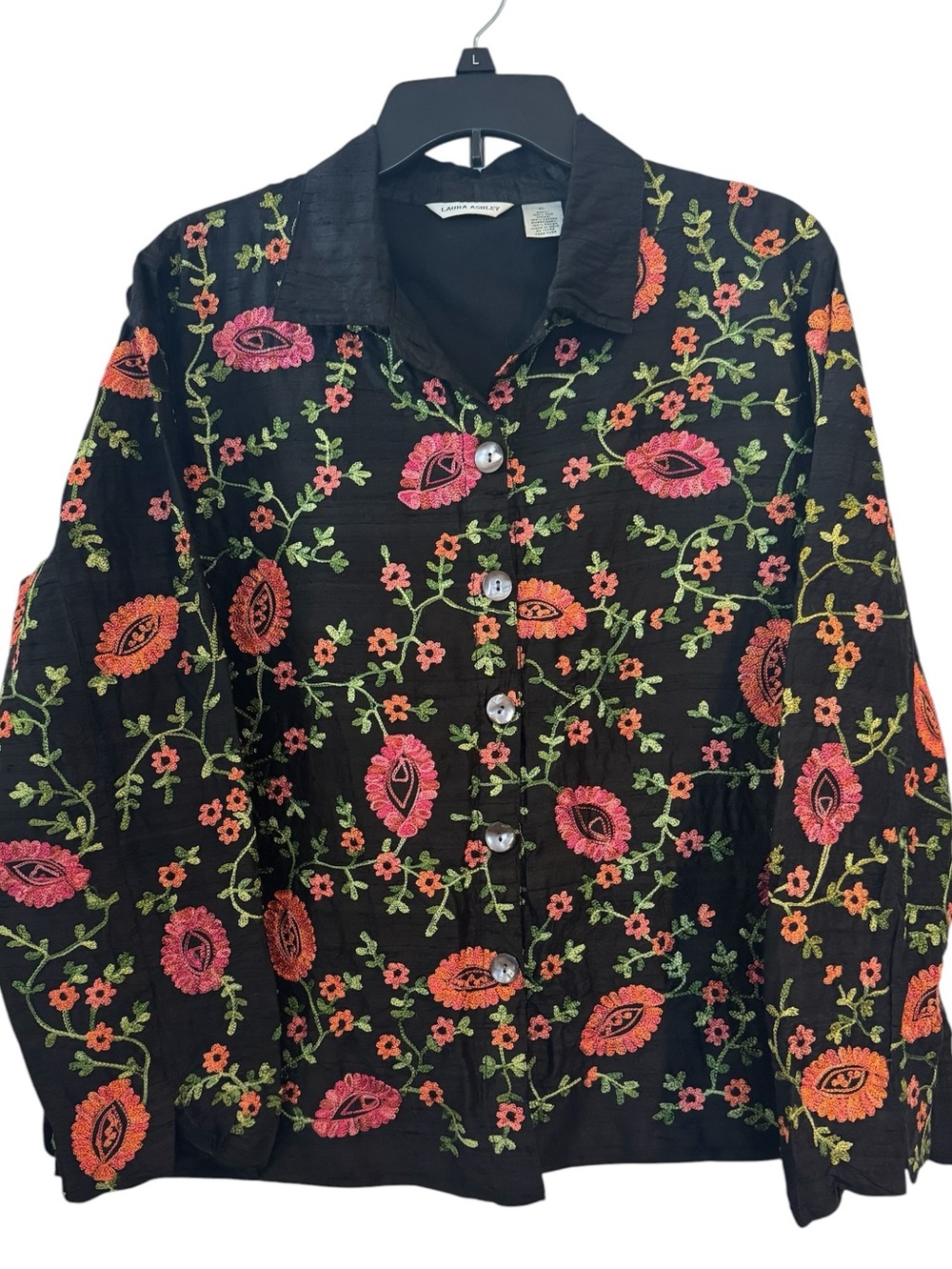 Laura Ashley Black Pink Red Orange Silk Embroidered Button Front Jacket XL